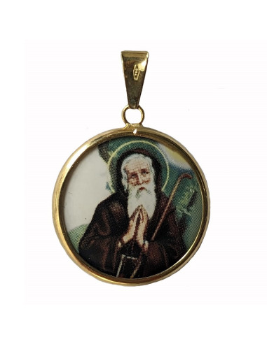 Saint Francis of Paola medal in yellow gold and porcelain